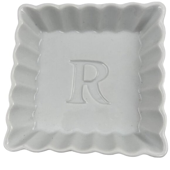 Rosanna Trinket Tray Dish Set of 2 White Monogrammed Letter "R" Scalloped Edge - Picture 3 of 8